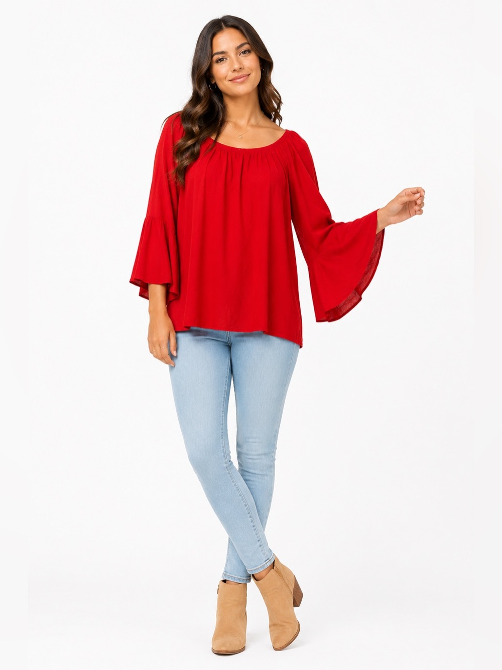 ASOS Red 100% Cotton Boho Peasant Tunic Top Bell Sleeve Size 10